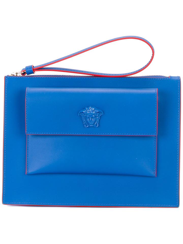 Versace Small Flap Pouch, Women's, Blue, Calf Leather