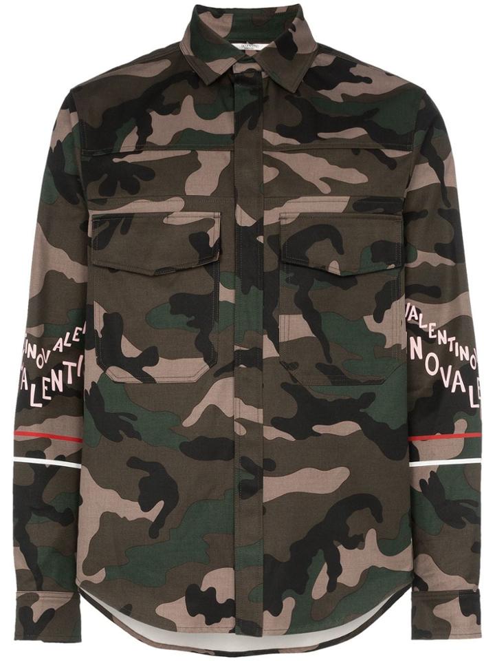 Valentino Logo Print Camo Cotton Shirt Jacket - Green