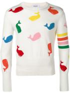 Thom Browne 4-bar Whale Icon Intarsia Pullover - White
