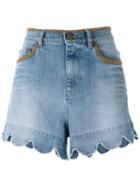 Red Valentino Scalloped Hem Denim Shorts, Women's, Size: 38, Blue, Cotton/spandex/elastane