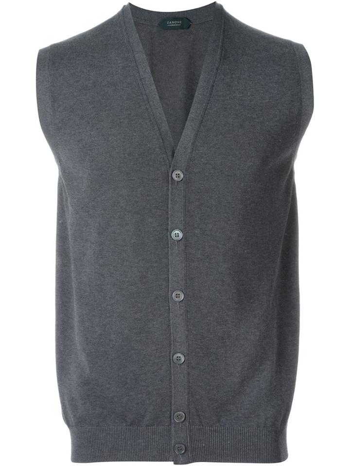 Zanone Buttoned V-neck Vest, Men's, Size: 48, Grey, Cotton
