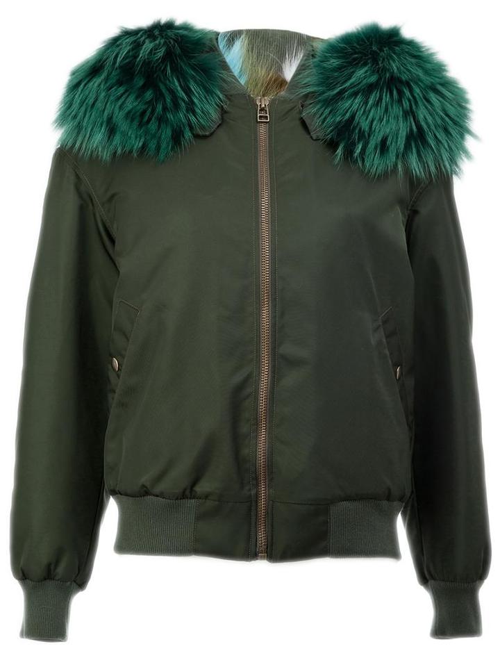 Mr & Mrs Italy - Fur Trim Bomber Jacket - Women - Fox Fur/polyamide/polyester/racoon Fur - Xs, Green, Fox Fur/polyamide/polyester/racoon Fur