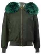 Mr & Mrs Italy - Fur Trim Bomber Jacket - Women - Fox Fur/polyamide/polyester/racoon Fur - Xs, Green, Fox Fur/polyamide/polyester/racoon Fur