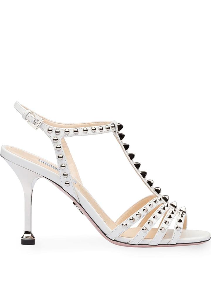 Prada Studded T-strap Sandals - White