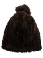 Jocelyn Pompom Beanie Hat, Women's, Brown, Fox Fur/mink Fur/acrylic/polyester