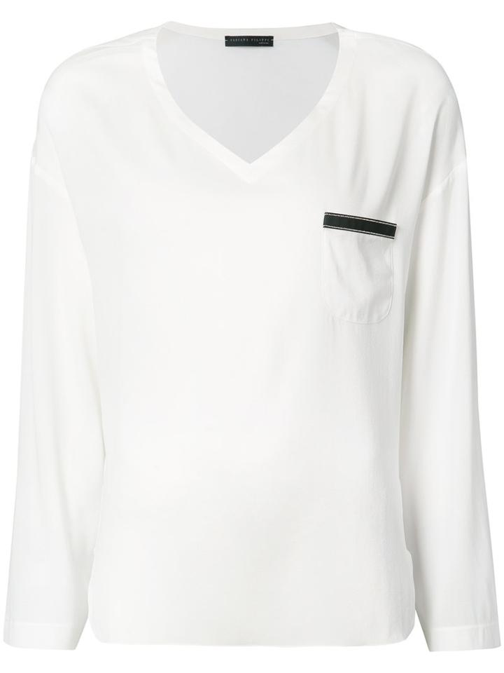 Fabiana Filippi - V-neck Pocket Top - Women - Silk/spandex/elastane - 48, White, Silk/spandex/elastane