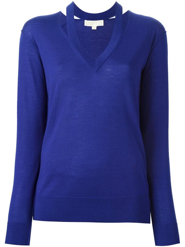 Michael Michael Kors Cut Out V-neck Jumper, Women's, Size: Xl, Blue, Merino