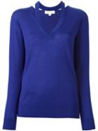 Michael Michael Kors Cut Out V-neck Jumper, Women's, Size: Xl, Blue, Merino
