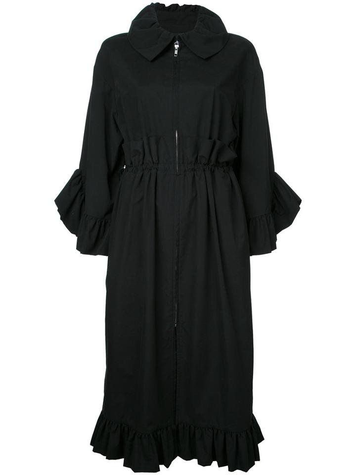 Goen.j Ruffle Trim Coat, Women's, Size: Large, Black, Cotton/nylon