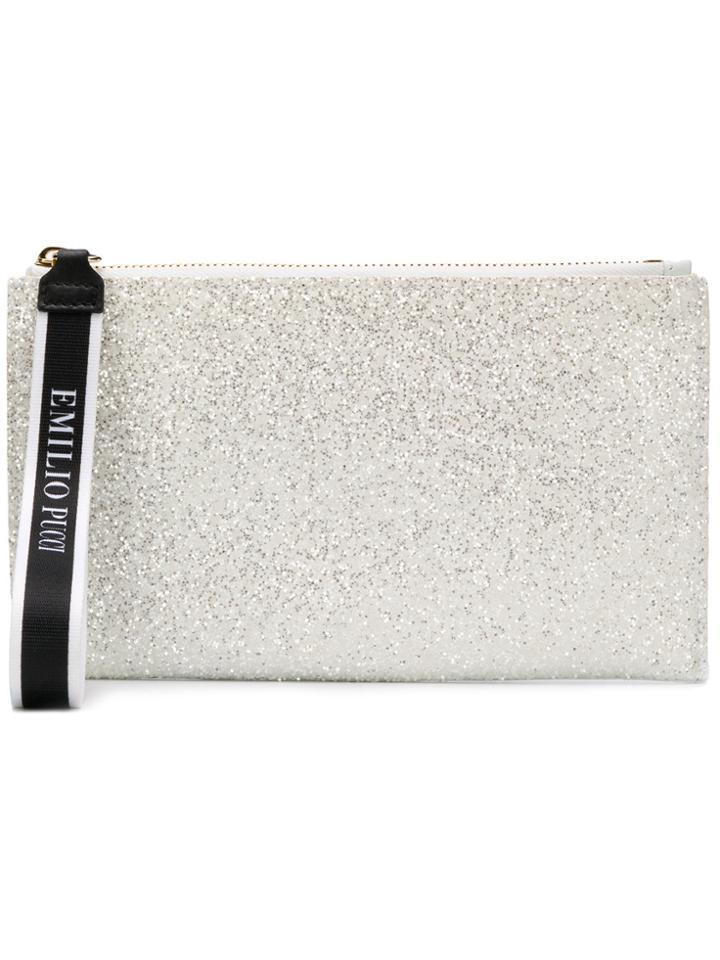 Emilio Pucci Top Zip Glittered Clutch - White