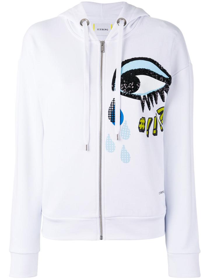 Iceberg Sequins Eye Zip Up Hoodie, Women's, Size: 38, White, Cotton/polyester