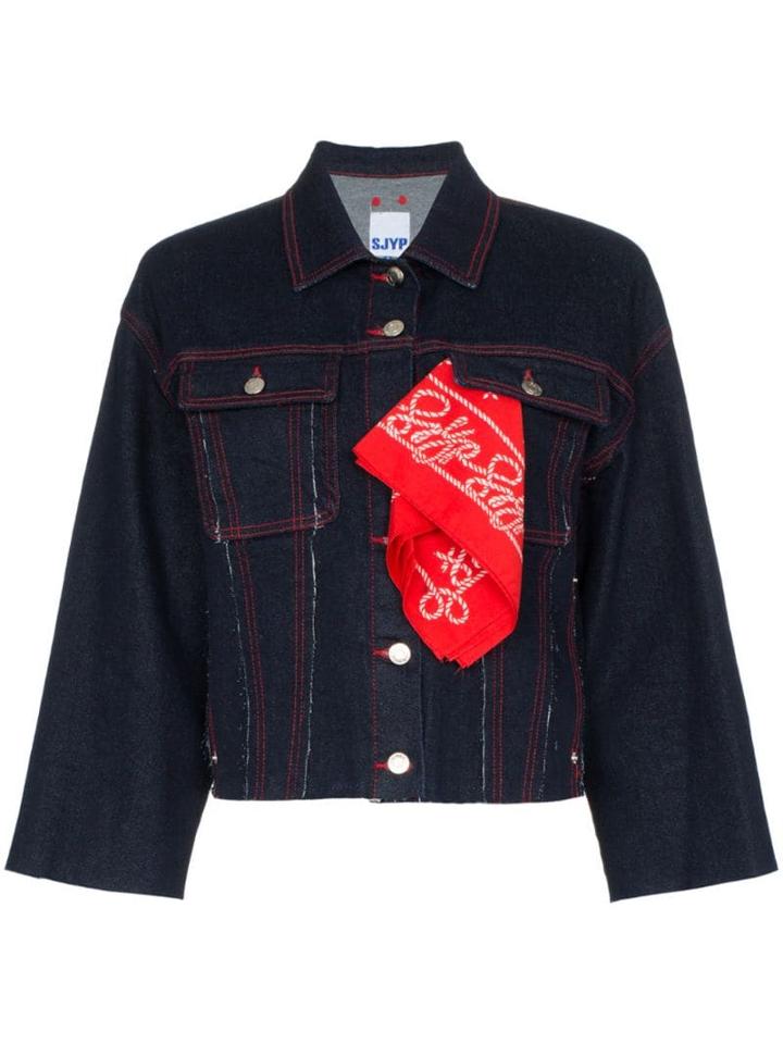 Sjyp Contrast Stitch Bandana-detail Cropped Denim Jacket - Blue