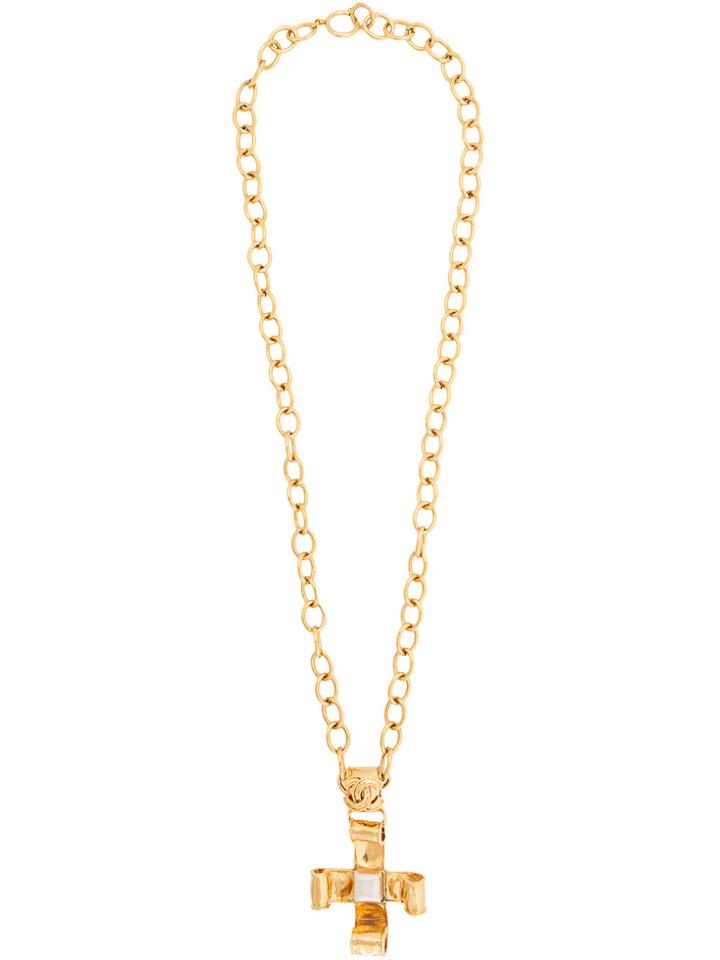 Chanel Vintage Pearl Cross Necklace - Metallic