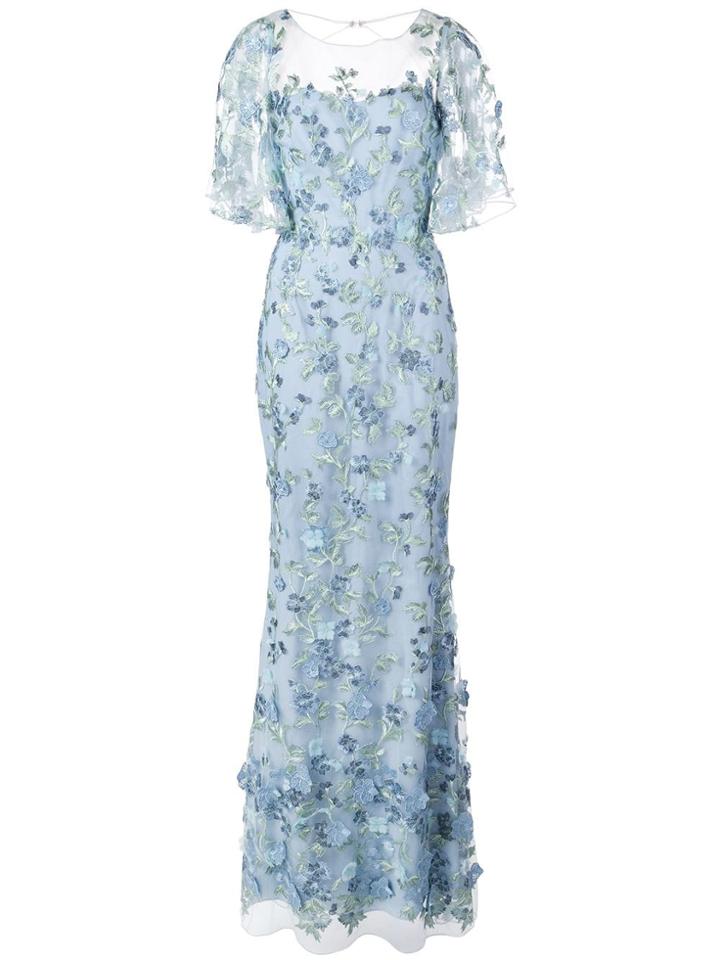 Marchesa Notte Floral Embroidered Fishtail Gown - Blue