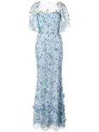Marchesa Notte Floral Embroidered Fishtail Gown - Blue