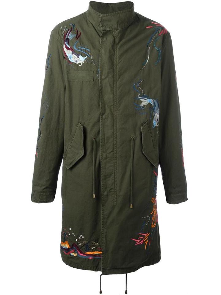 Amen Embroidered Military Coat, Men's, Size: 50, Green, Cotton/rabbit Fur