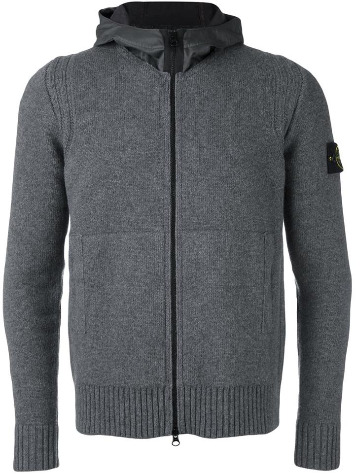 Stone Island Contrast Hood Cardigan, Men's, Size: Large, Grey, Polyamide/wool