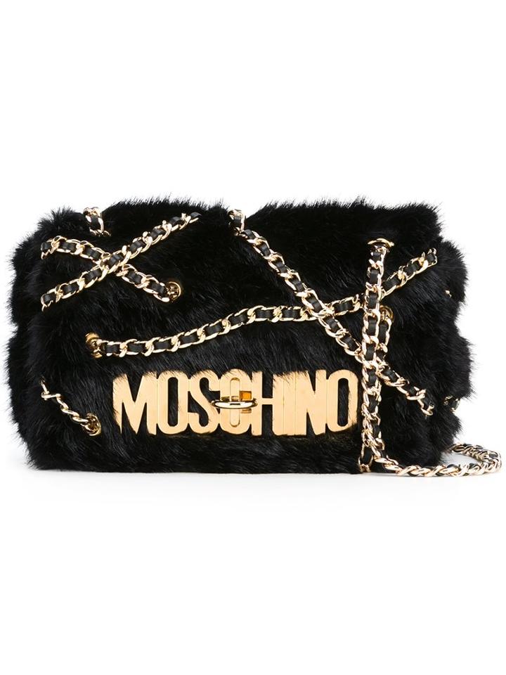 Moschino Chain Embellished Faux Fur Shoulder Bag, Women's, Black
