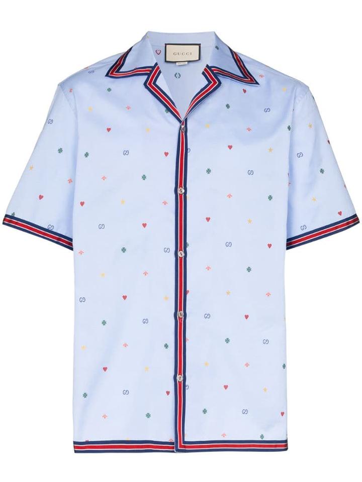 Gucci Web Trim Logo Print Bowling Shirt - Blue