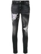 Just Cavalli Distressed Floral Inlay Skinny Jeans - Black