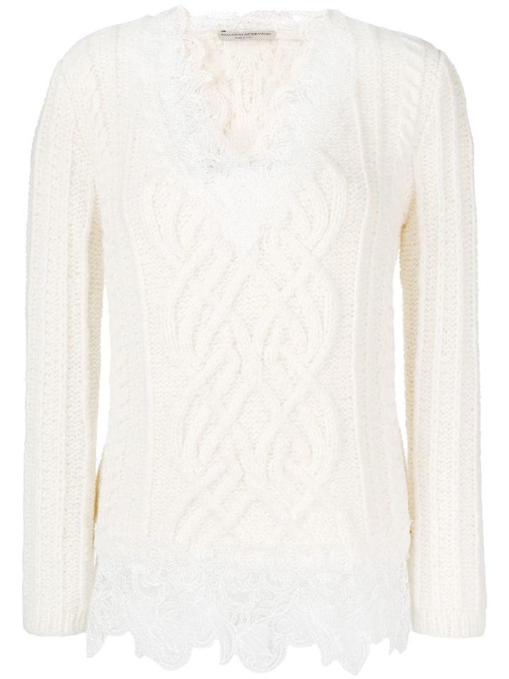 Ermanno Scervino Lace Trim Cable Knit Sweater - White