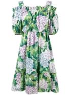 Hydrangea Print Cold Shoulder Dress - Women - Cotton - 40, Green, Cotton, Dolce & Gabbana