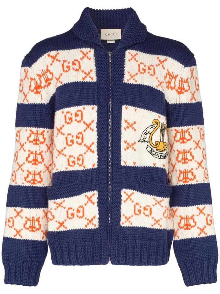 Gucci Intarsia Knit Gg Striped Cardigan - Blue