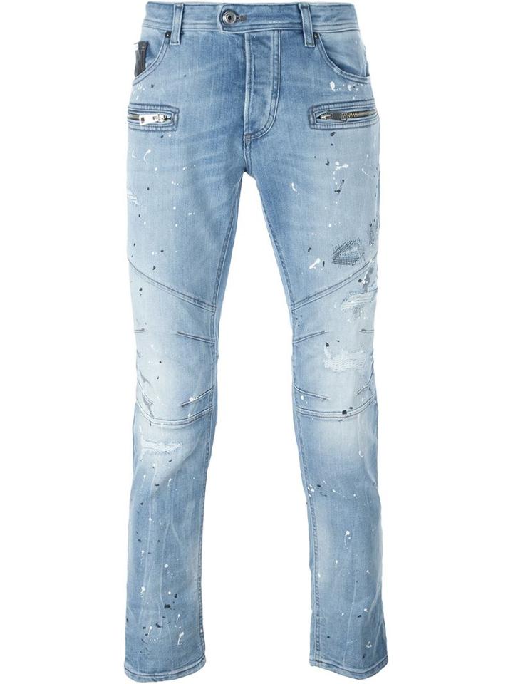 Just Cavalli Paint Splash Detail Jeans, Men's, Size: 48, Blue, Cotton/spandex/elastane