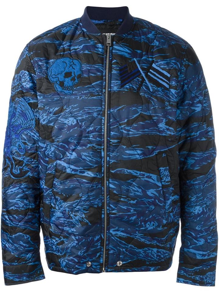 Diesel 'w-camu' Bomber Jacket, Men's, Size: Medium, Blue, Polyester/viscose