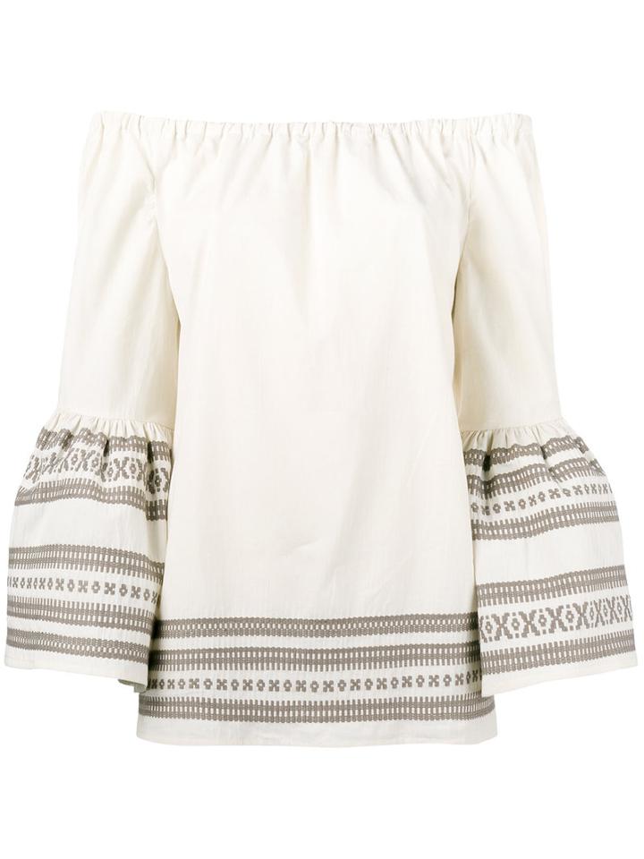 Celia Dragouni - Off-shoulder Top With Contrasting Embroidery - Women - Cotton - L, Nude/neutrals, Cotton