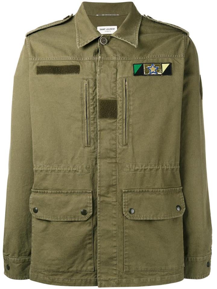 Saint Laurent Sweet Dreams Shark Patch Military Jacket, Men's, Size: 52, Green, Cotton/ramie/lamb Skin/cotton