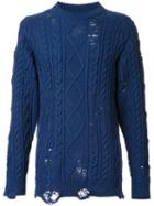 Miharayasuhiro Distressed Aran Knit Jumper, Men's, Size: 44, Blue, Acrylic/wool
