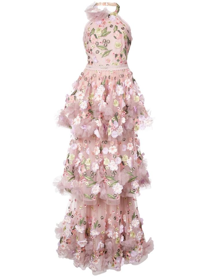 Marchesa Notte Floral-appliquéd Tiered Ruffled Gown - Pink