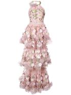 Marchesa Notte Floral-appliquéd Tiered Ruffled Gown - Pink