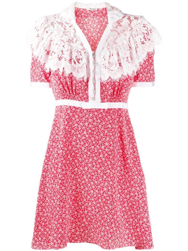 Miu Miu Floral Print Marocain Dress - Red