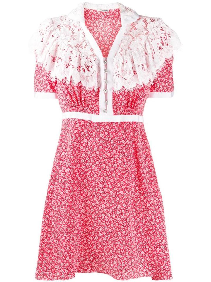 Miu Miu Floral Print Marocain Dress - Red