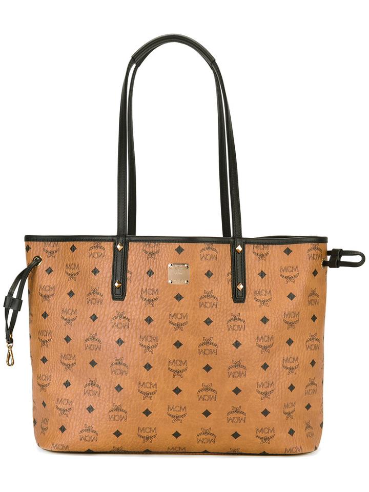 Mcm Logo Print Tote, Women's, White, Cotton/leather