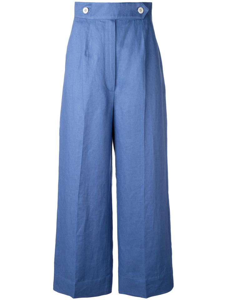 Sportmax - Wide Leg Cropped Pants - Women - Linen/flax - 40, Women's, Blue, Linen/flax
