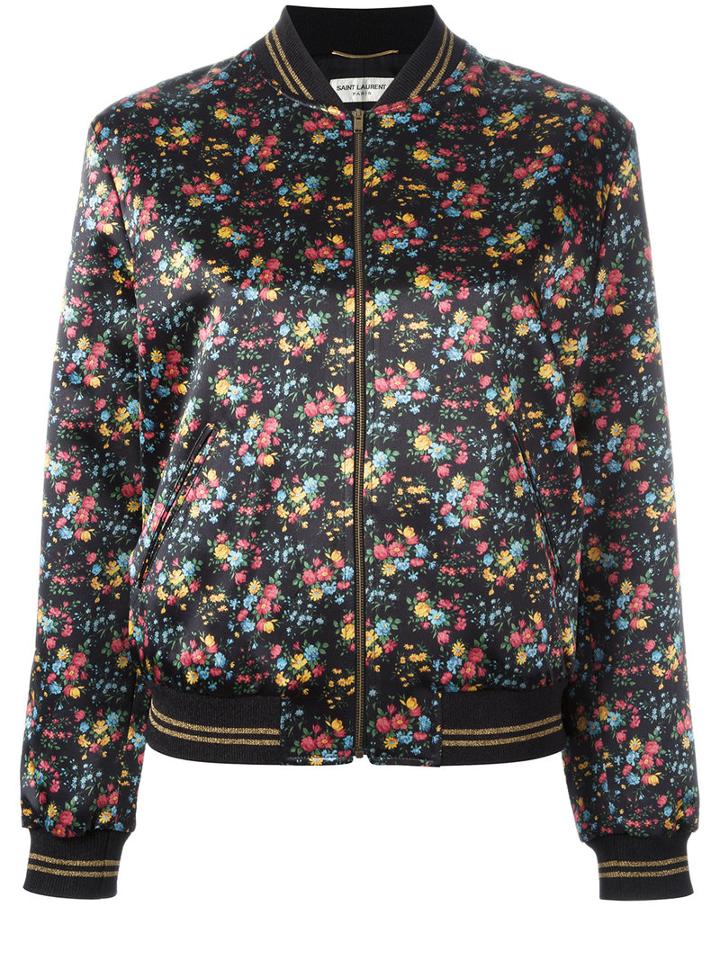 Saint Laurent Wild Flower Print Teddy Jacket, Women's, Size: 38, Black, Viscose/cupro/cotton