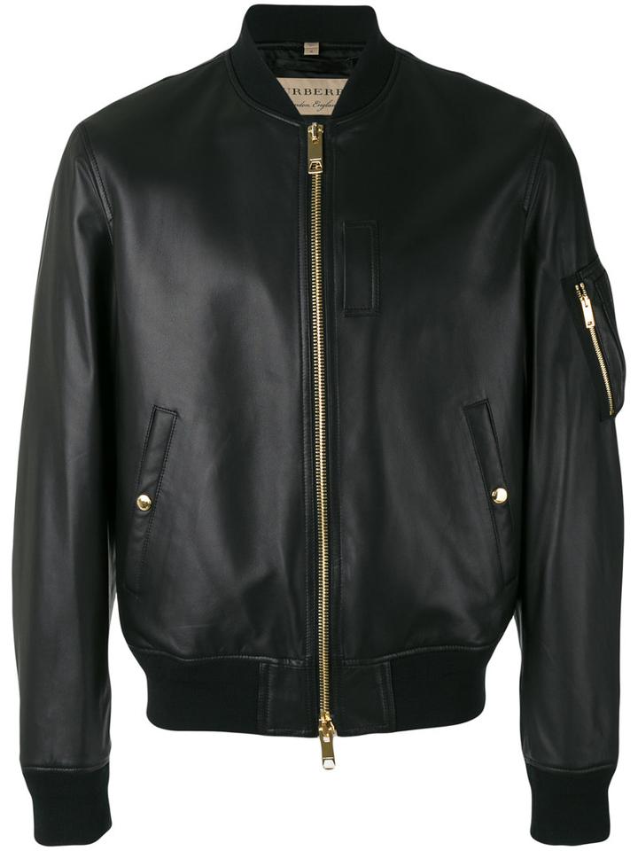 Burberry Gold Trim Bomber Jacket, Men's, Size: Large, Black, Lamb Skin/polyester/polyamide/polyester
