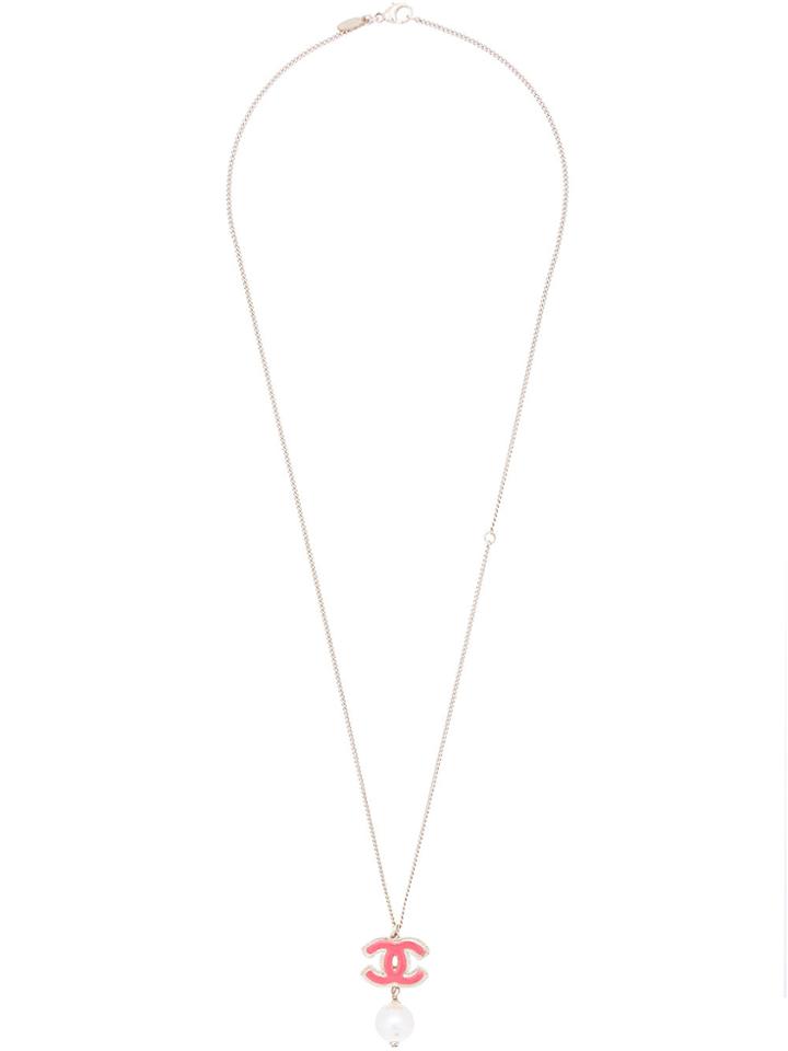Chanel Vintage Cc Logo Faux-pearl Charm Necklace - Metallic