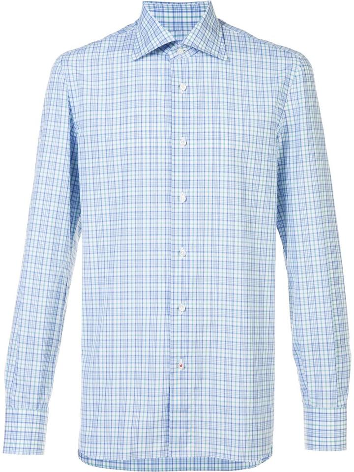 Isaia Plaid Shirt, Size: 17, Blue, Cotton