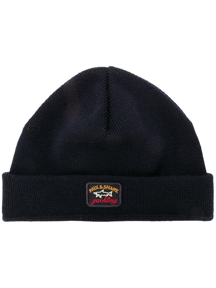 Paul & Shark Logo Plaque Knitted Beanie - Blue