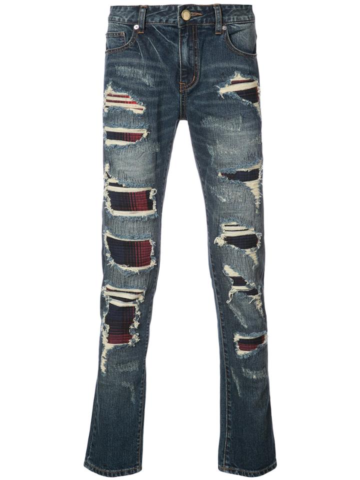 God's Masterful Children Plaid Panel Distressed Jeans - Blue