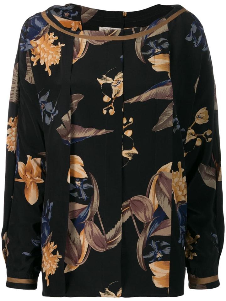 Versace Vintage 1980's Box Pleat Floral Blouse - Black