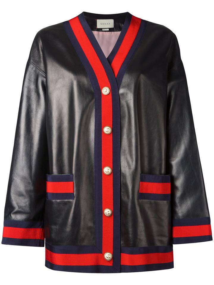 Gucci Web Trim Cardigan Jacket, Women's, Size: 40, Black, Cotton/leather/viscose/silk