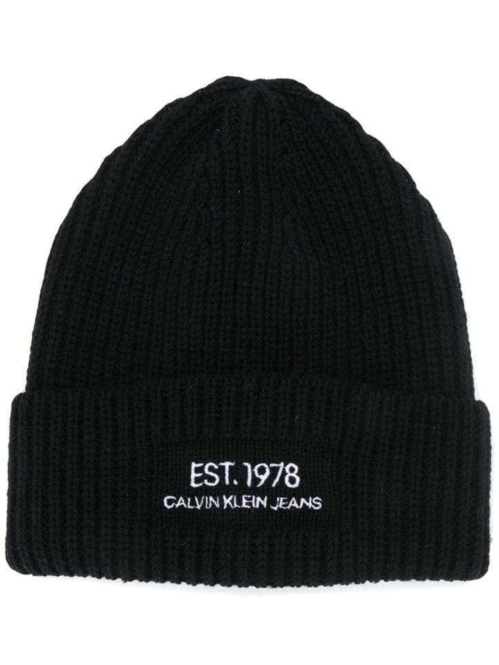 Calvin Klein Jeans Est. 1978 Stitched Logo Ribbed Beanie Hat - Black