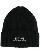 Calvin Klein Jeans Est. 1978 Stitched Logo Ribbed Beanie Hat - Black