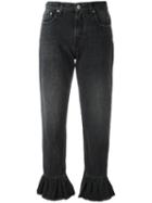 Msgm Cropped Ruffle Trim Jeans, Women's, Size: 42, Black, Cotton/polyester