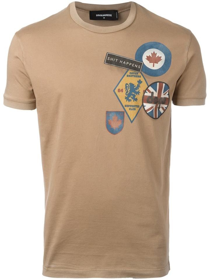 Dsquared2 Logo Patch Print T-shirt, Men's, Size: Medium, Brown, Cotton